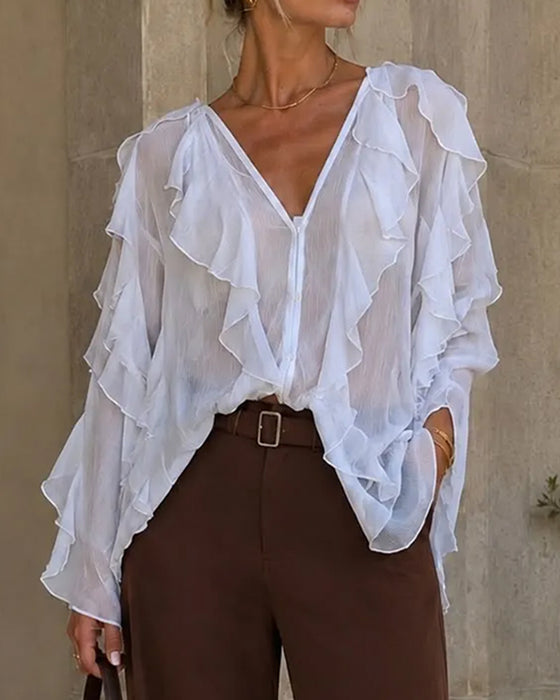 V-Neck Ruffle Loose Blouse