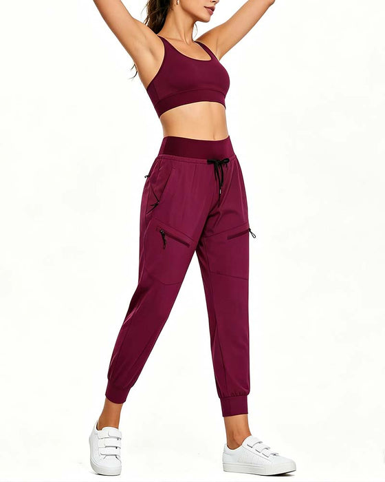 Elastic Waist Drawstring Pocket Tapered Pants