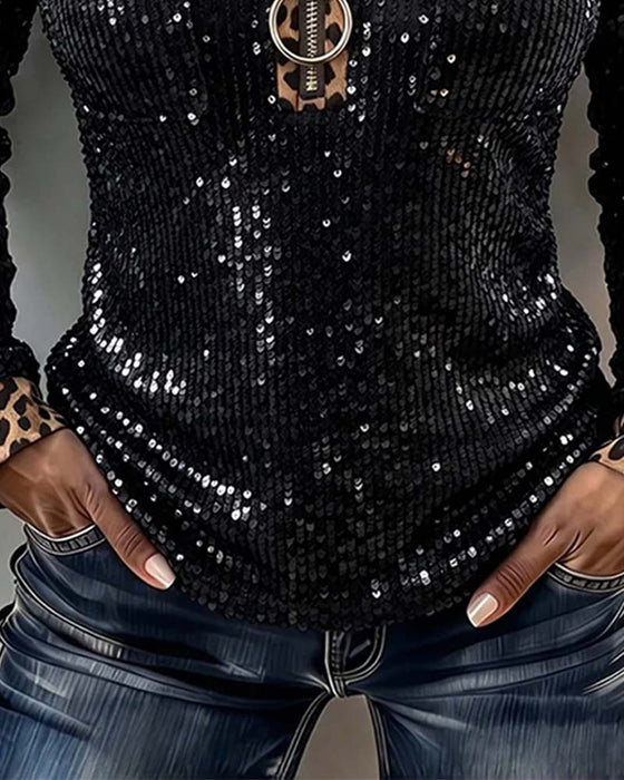 Stylish Leopard Patchwork Zip Top