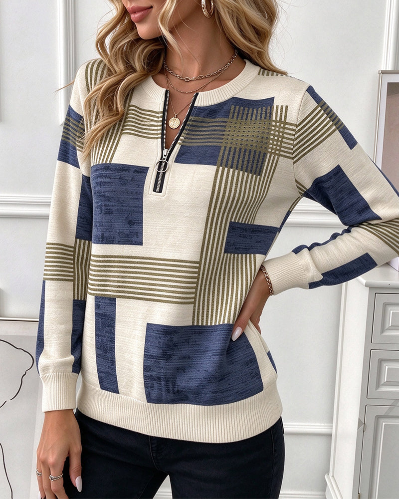 Round Neck Geometric Half-Zip Knitted Sweatshirt