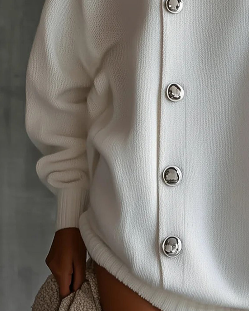 Button Solid Long Sleeve Sweater Dress