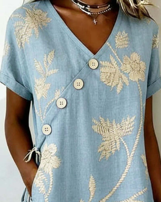 Diagonal Button Print V-Neck Mini Dress