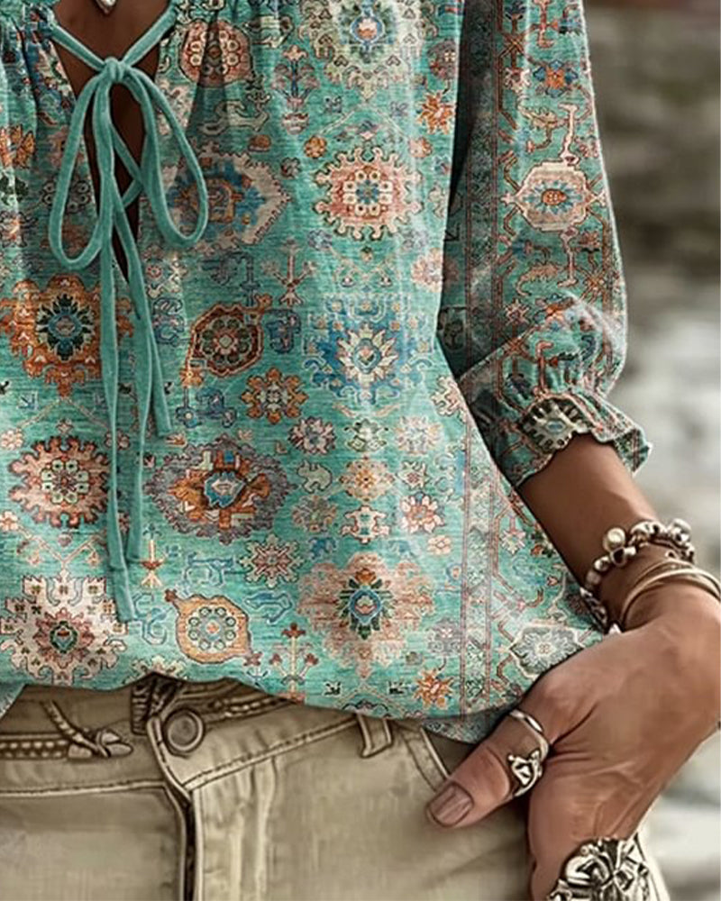 V-Neck Tie Vintage Print Blouse