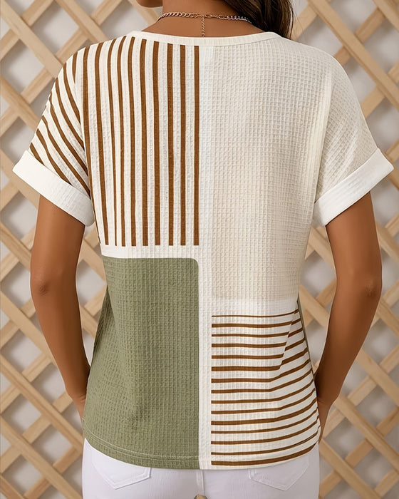 Color Block Stripe Button Crew Neck Blouse