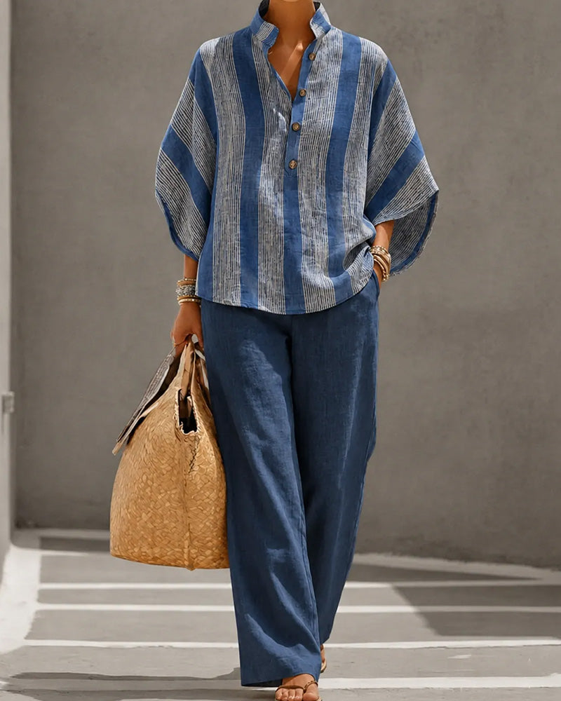Contrast Color Striped Irregular Button Wide-Leg Pant Set