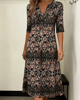 V‑neck Print Patchwork Mid‑sleeve Dress