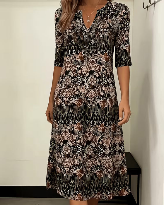 V‑neck Print Patchwork Mid‑sleeve Dress
