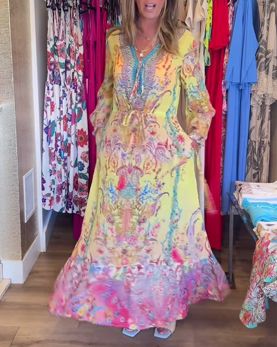 Long sleeve printed resort dress