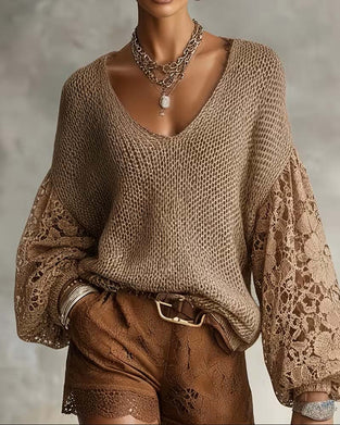 Lace Cut-Out Patchwork Lantern Sleeve Pullover