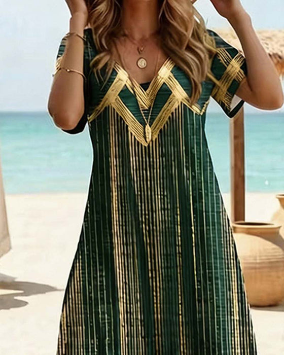V-Neck Printed Holiday Maxi Dress