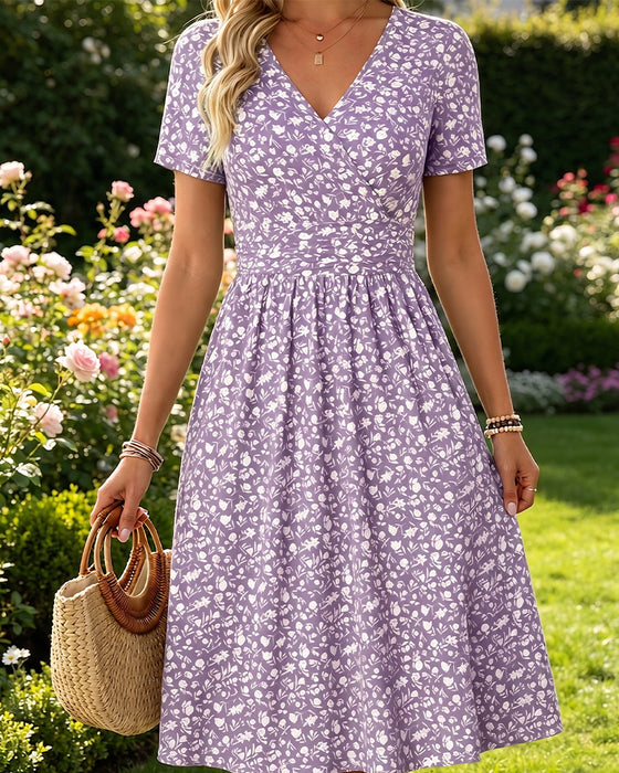 V-Neck Short SleeveTiny Floral Dress