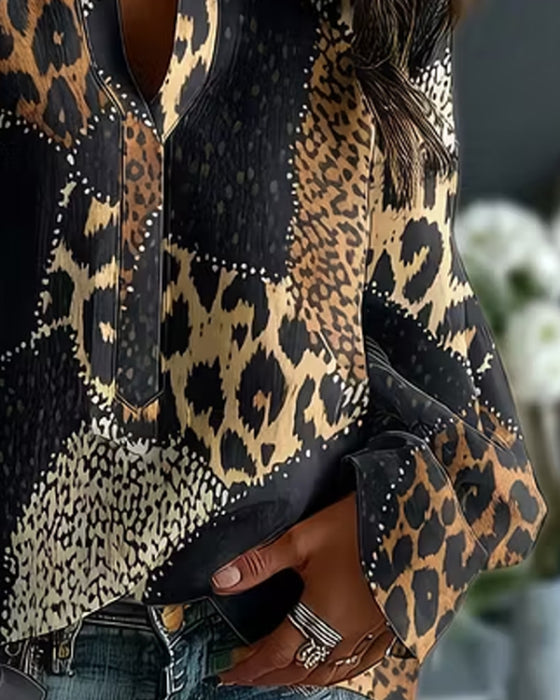 Mini Mandarin Collar Leopard Panel Relaxed Blouse