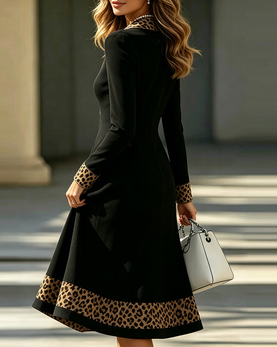 V-Neck Leopard Print Button A-Line Dress