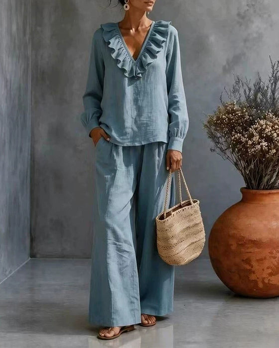 Ruffled V-Neck Long Sleeve Set