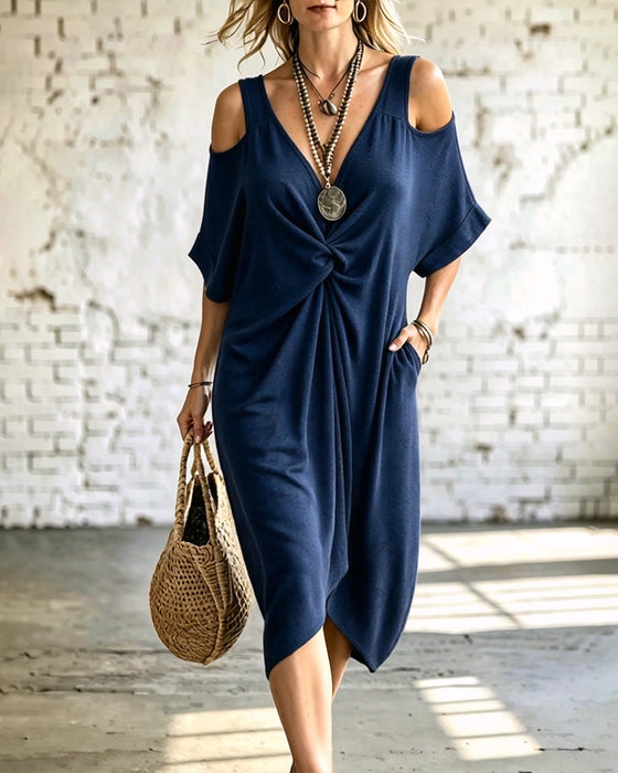 Solid Color Cold Shoulder Shirred Dress