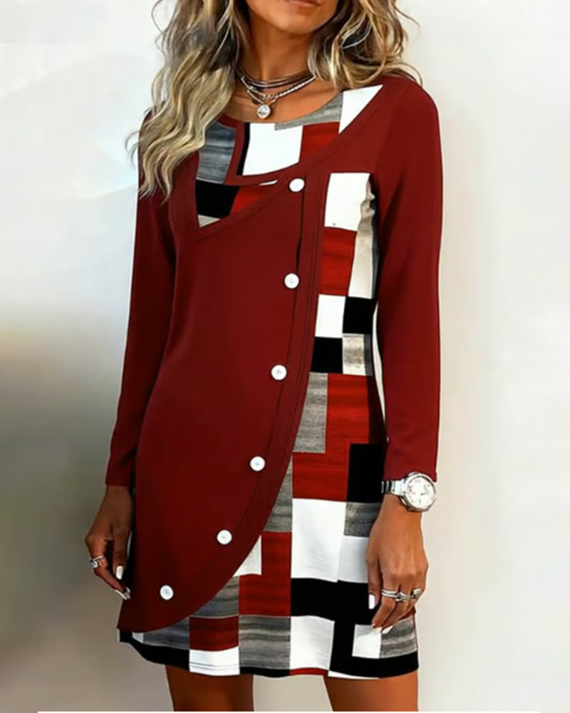 Long-Sleeved Color-Blocked Printed Dress
