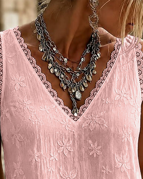 V-Neck Solid Color Lace Tank Top