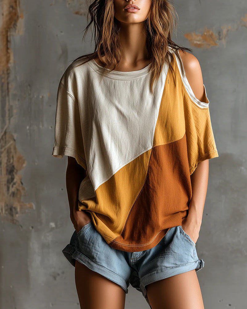 Color Block Off-Shoulder Loose T-Shirt
