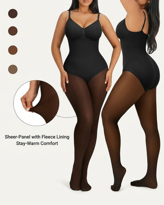 Sheer-Panel with Fleece Lined Tights Stay-Warm Tummy Control Sheer Effect Tights Bodysuit