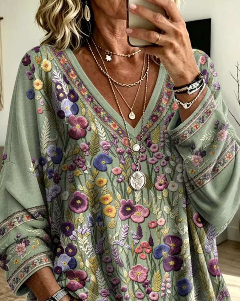 V-Neck Floral Loose Long-Sleeved Top