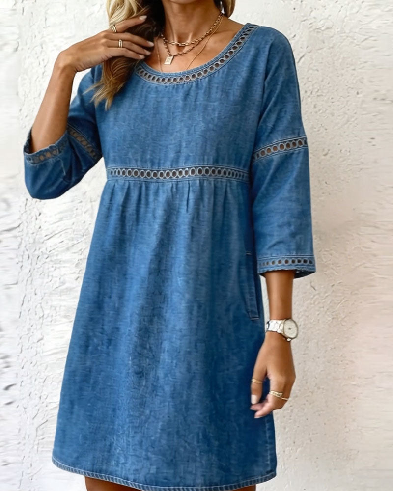 Hollow-Out Short-Sleeved Denim Dress