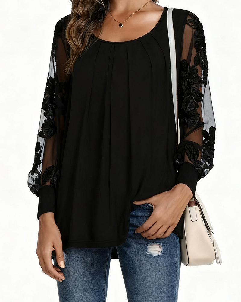 Long-Sleeved Patchwork Pleated Blouse