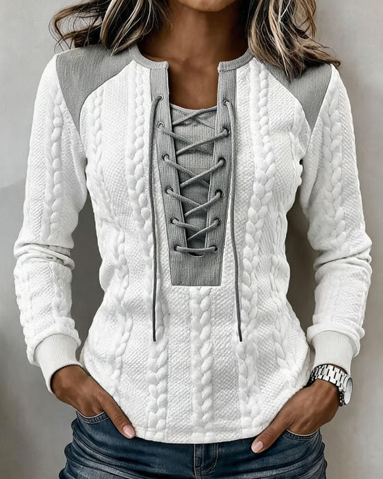Cable Knit Patchwork Tie Fashion Top