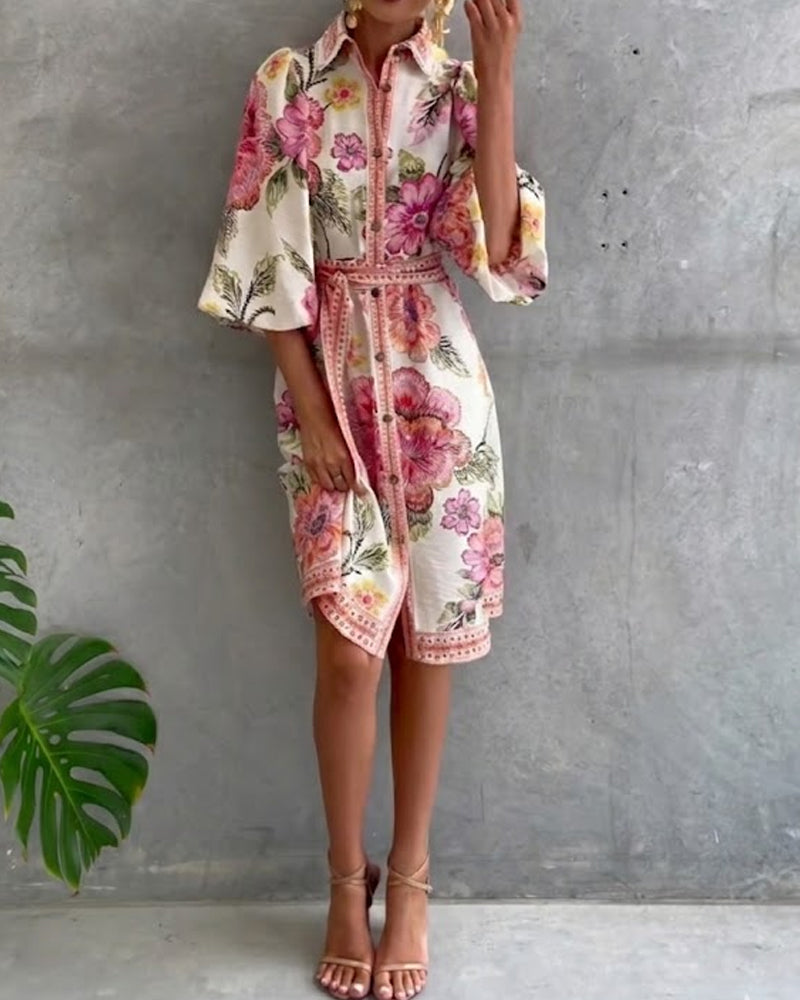 French Lantern Sleeve Notched Collar Printed Dress