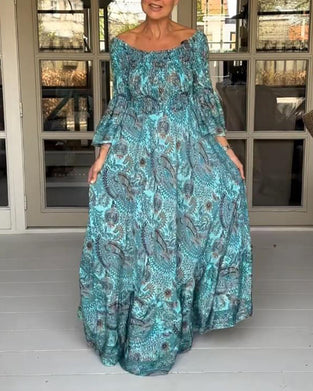 Elegant printed one-shoulder flare sleeve long dress