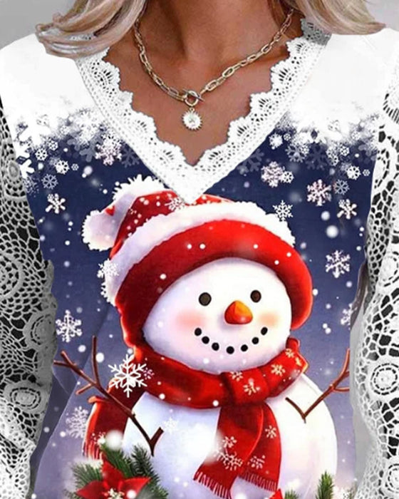Lace Patchwork Snowman Print Top