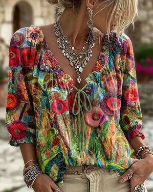 V-Neck Ruffle Puff Sleeve Tie Blouse