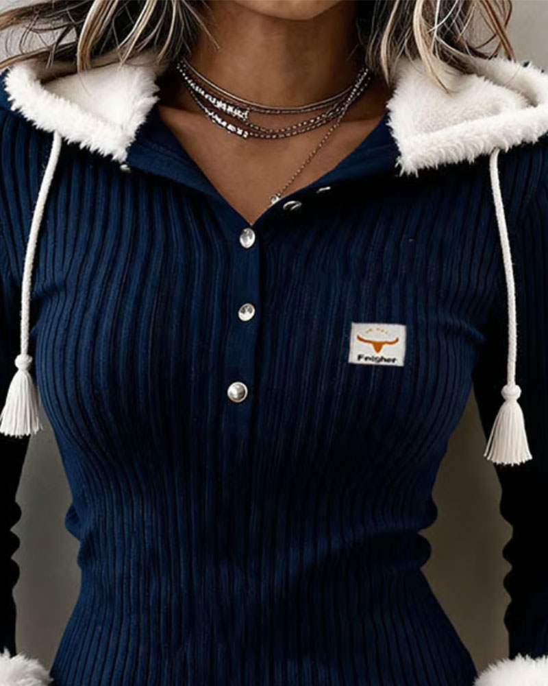 Fuzzy Hooded Button Top