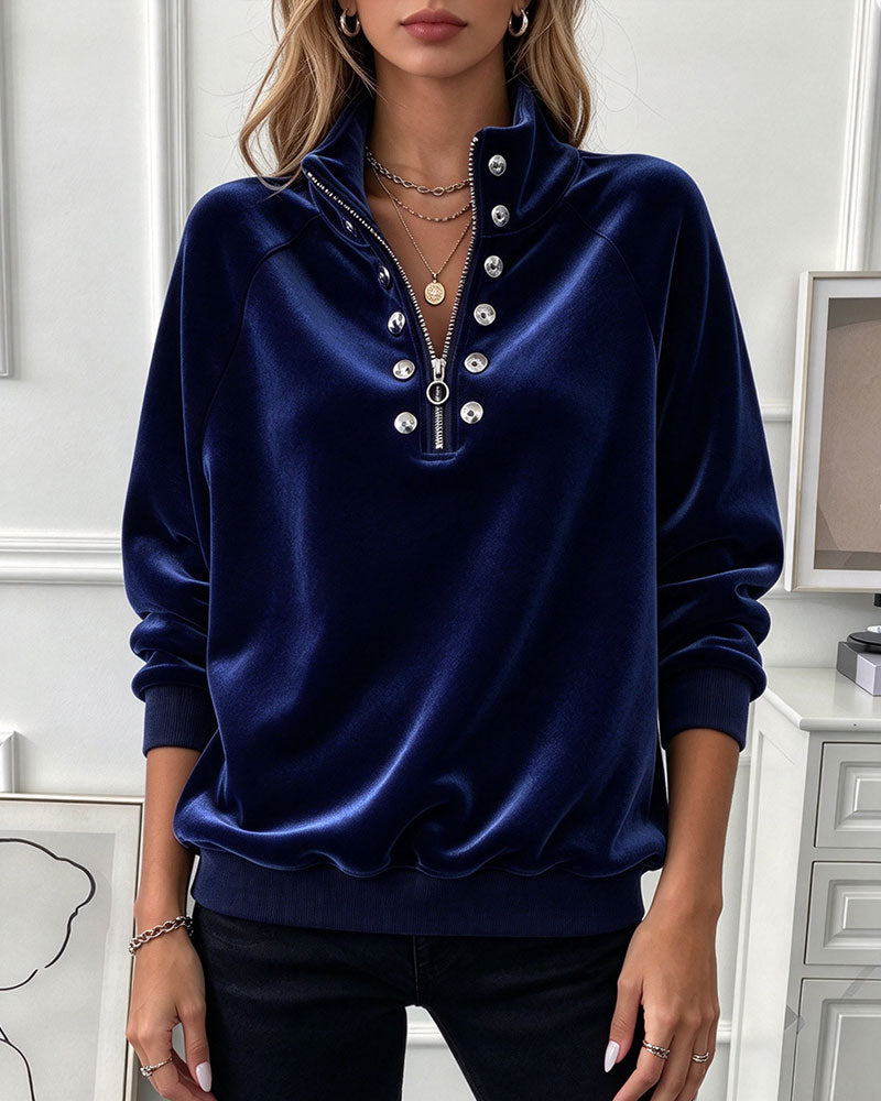 Turtleneck Zipper Button Long Sleeve Sweatshirt