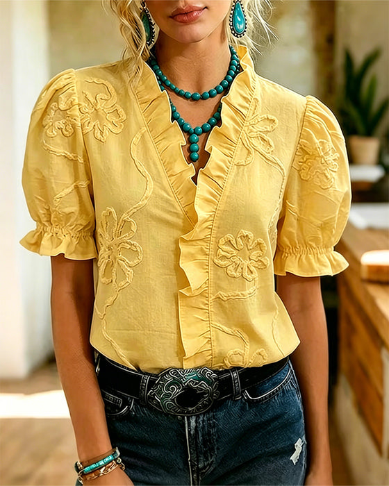 V-Neck Ruffle Trim Puff Sleeve Blouse