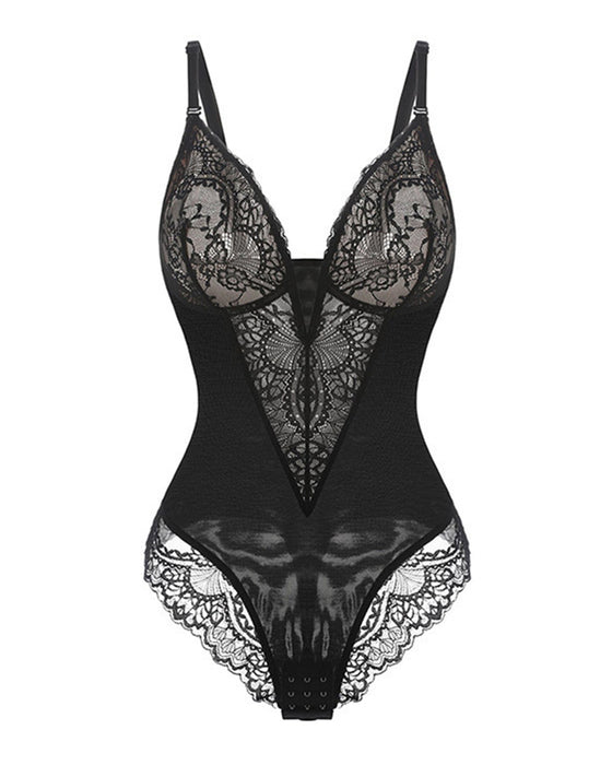 Deep-V Neck Lace Shapewear Bodysuit