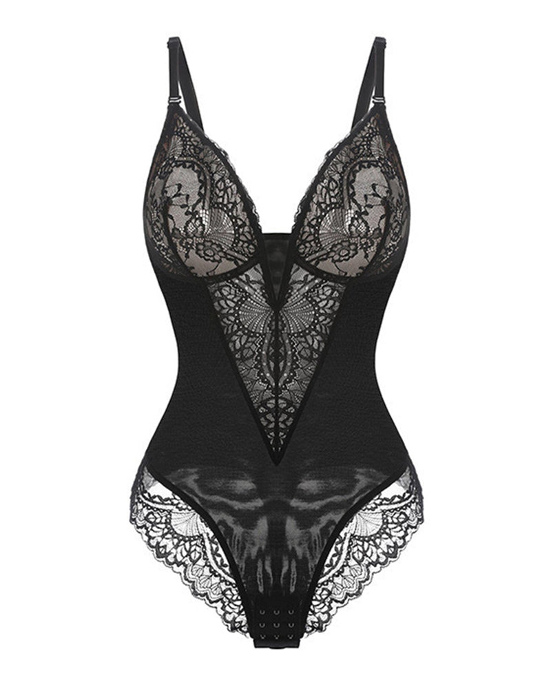 Deep-V Neck Lace Shapewear Bodysuit