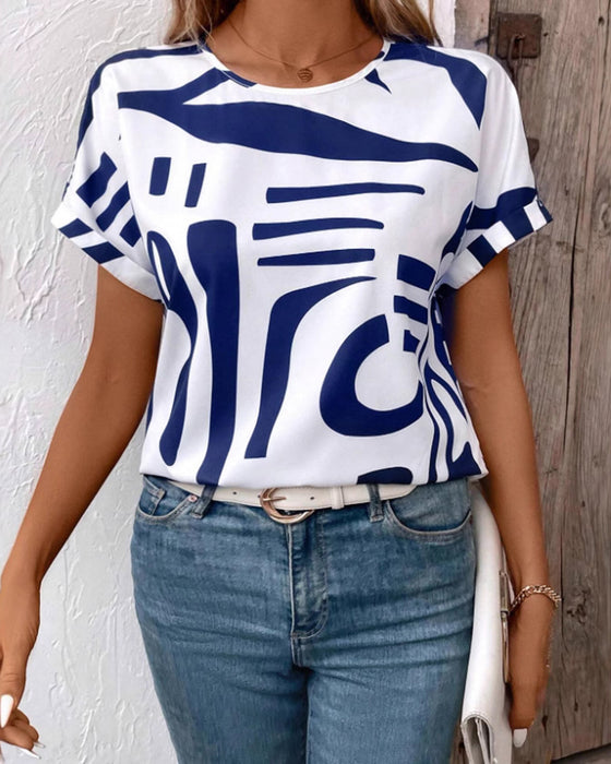 Round Neck Short Sleeve Geometric Print T-Shirt