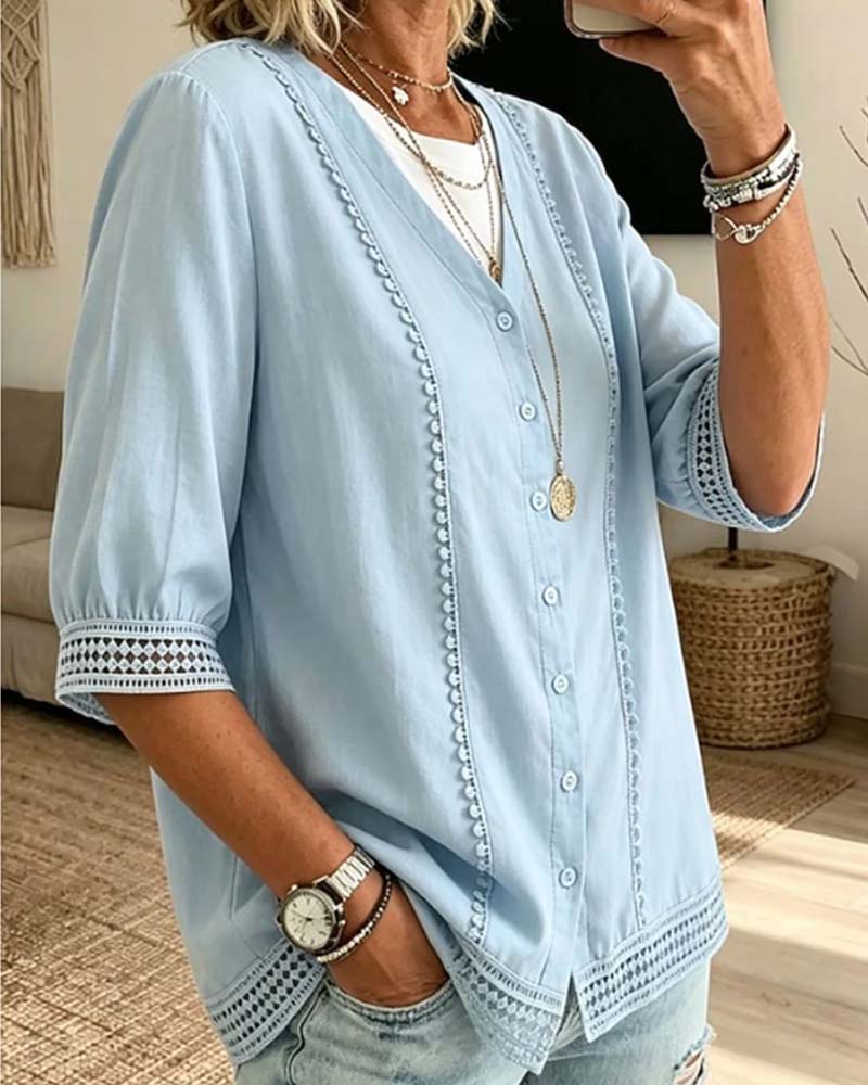 V-neck Button Lace Hollow-out Solid Color Blouse
