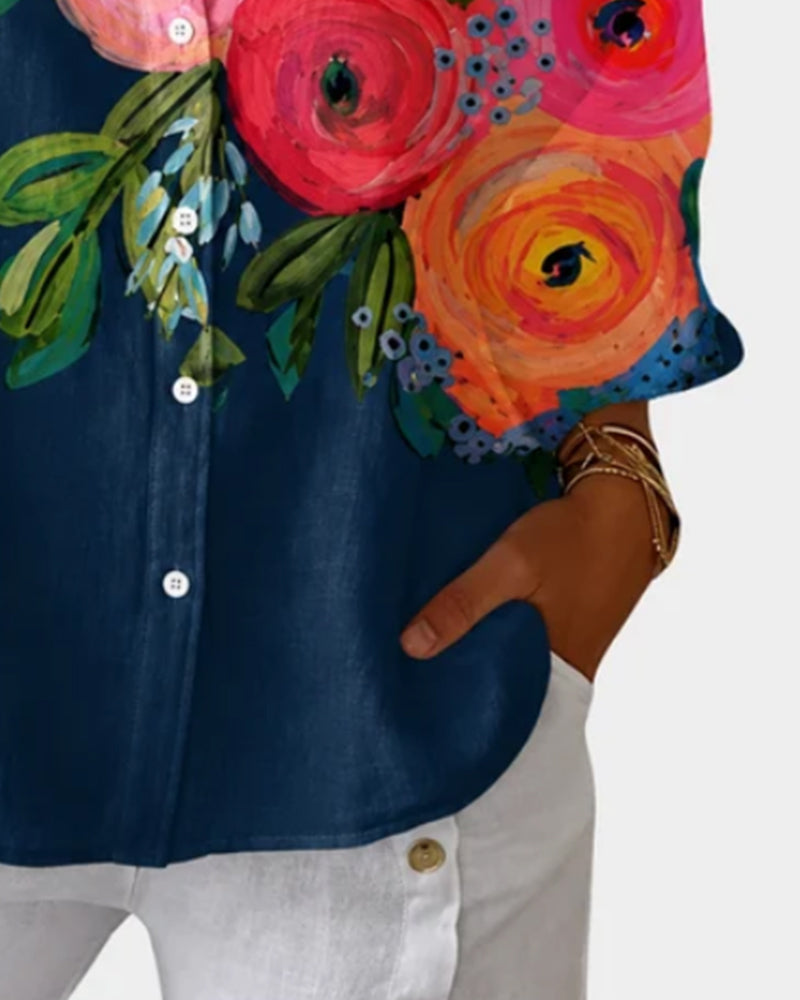 Oil Painting-Style Floral Long-Sleeve Shirt