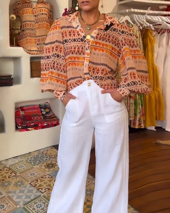 Lapel retro printed shirt