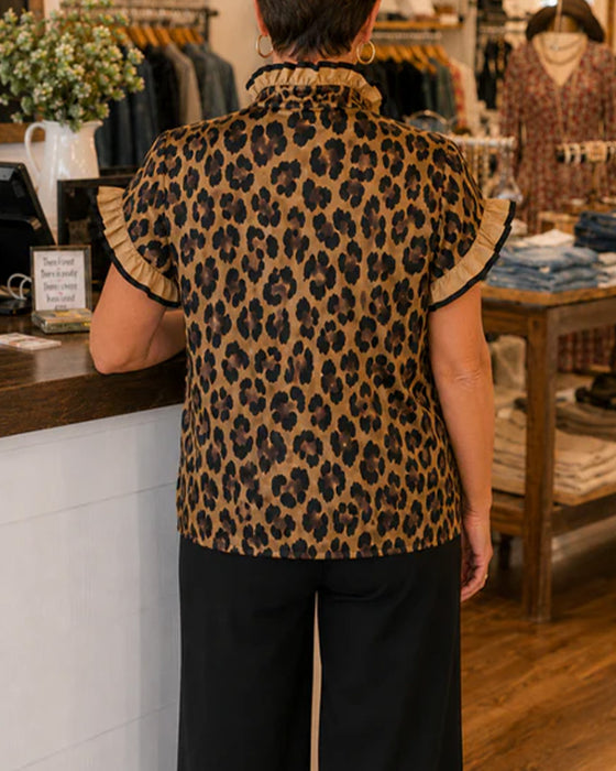 Leopard Ruffle Short Sleeve Blouse