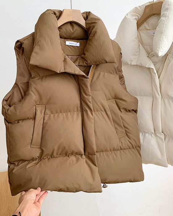 Simple solid color zipper pocket sleeveless padded jacket