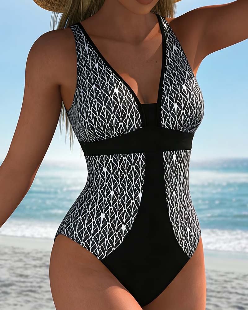 Argyle Patchwork V-Neck Fashion Bikini