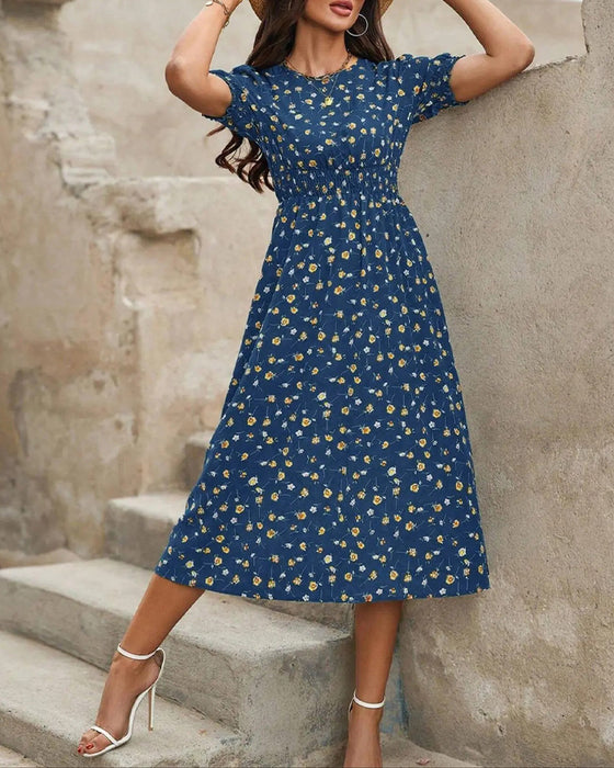 Shirring Floral Print Dress
