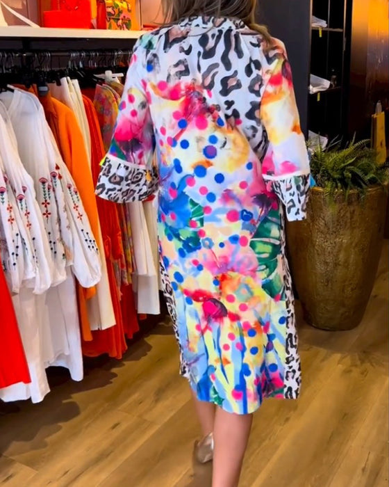 Paneled leopard print V-neck midi dress