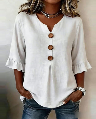 Solid-Color Cotton-Linen Wooden Buttons Ruffles Blouses