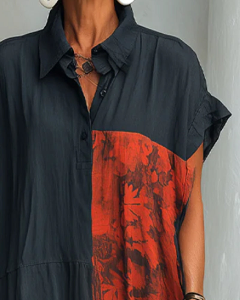 Lapel Print Loose Shirt Dress