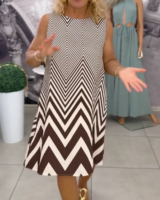 Crew Neck Geometric Print Sleeveless Dress