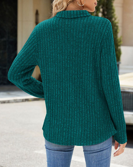 Casual solid color lapel pocket long sleeve top