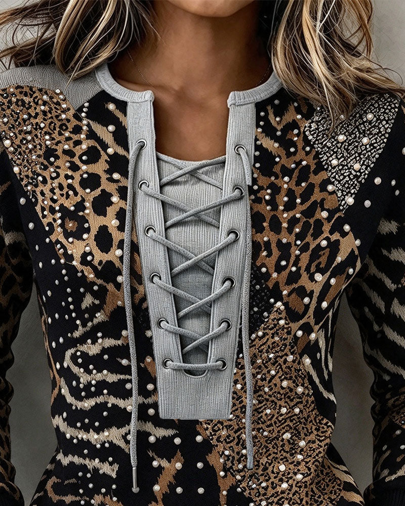 Tie Leopard Patchwork Fitted Sweatshirt